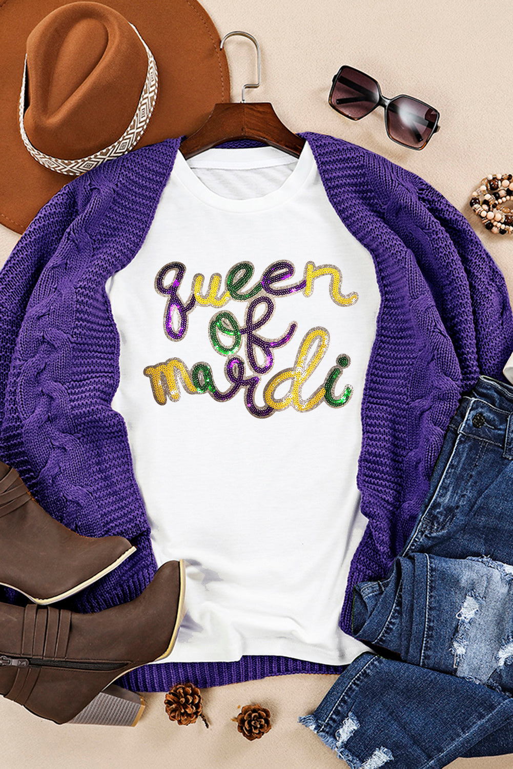 White queen of mardi Sequin Letter Graphic T-Shirt