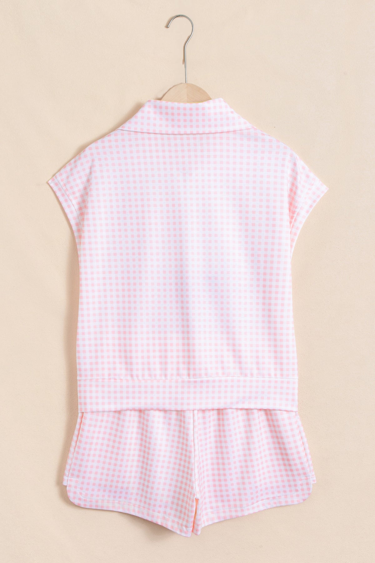 Women's Pink Plaid Zip Neck Sleeveless Top Shorts Two-Piece Shorts Two-Piece Set