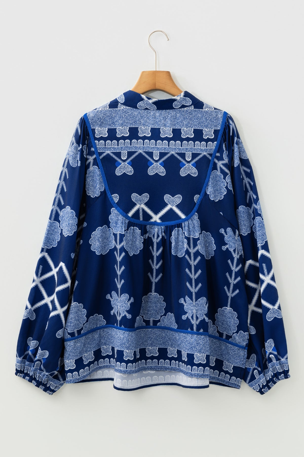 Blue Plus Size Floral Printed Notched Neck Long-Sleeve Blouse