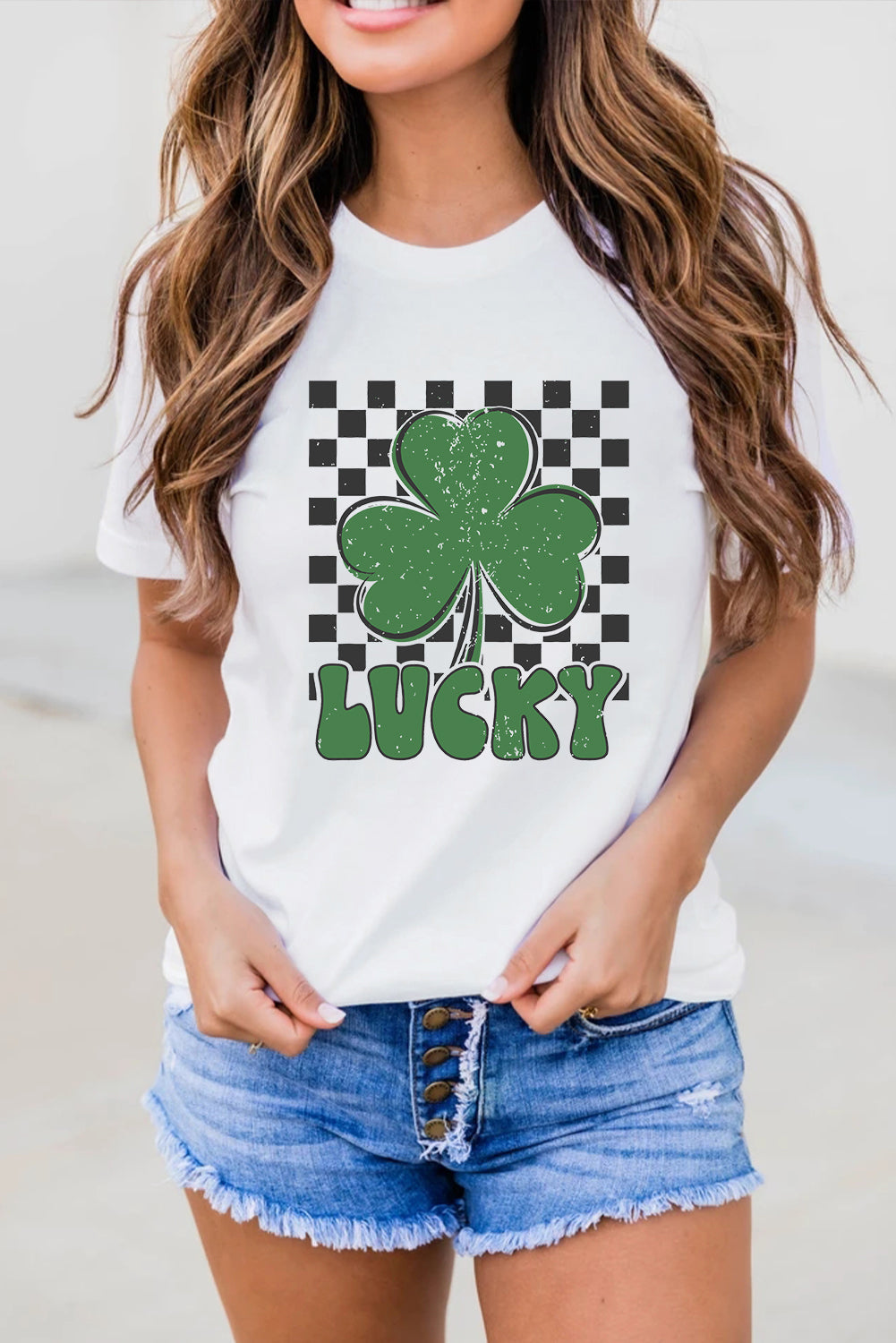 White Checker LUCKY Clover Printed St Patricks T-Shirt