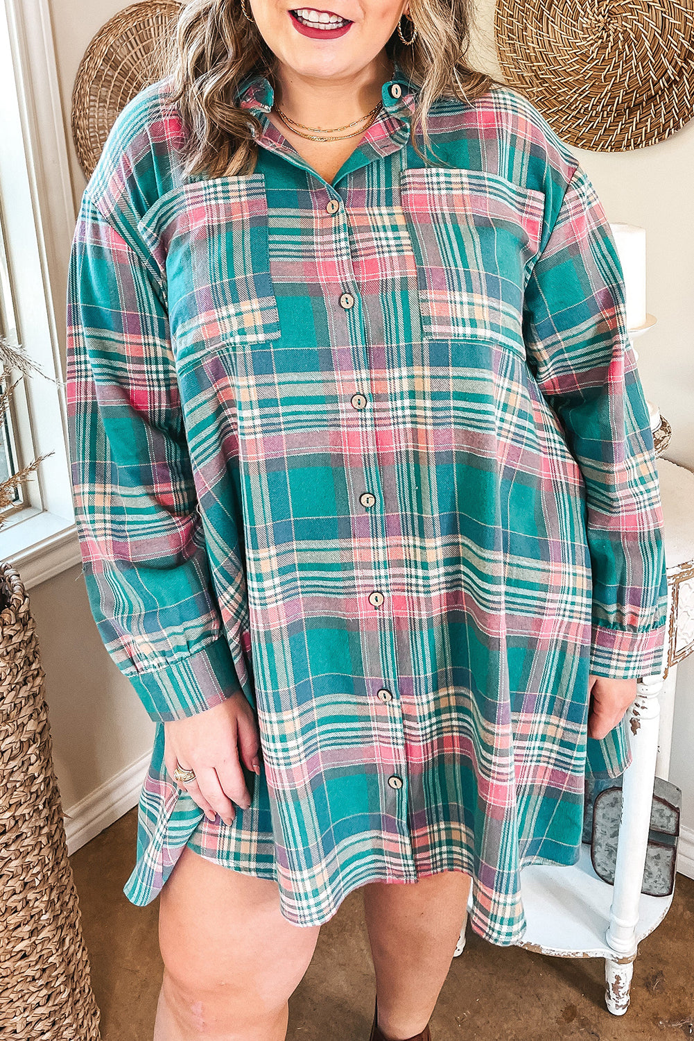Green Plaid Button-Up Shift Long-Sleeve V-Neck Plus Size Dress