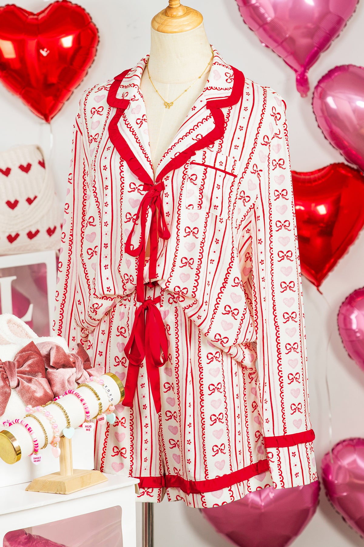 Red Floral Heart Bow Print Long Sleeve Shirt Pajama Short Set