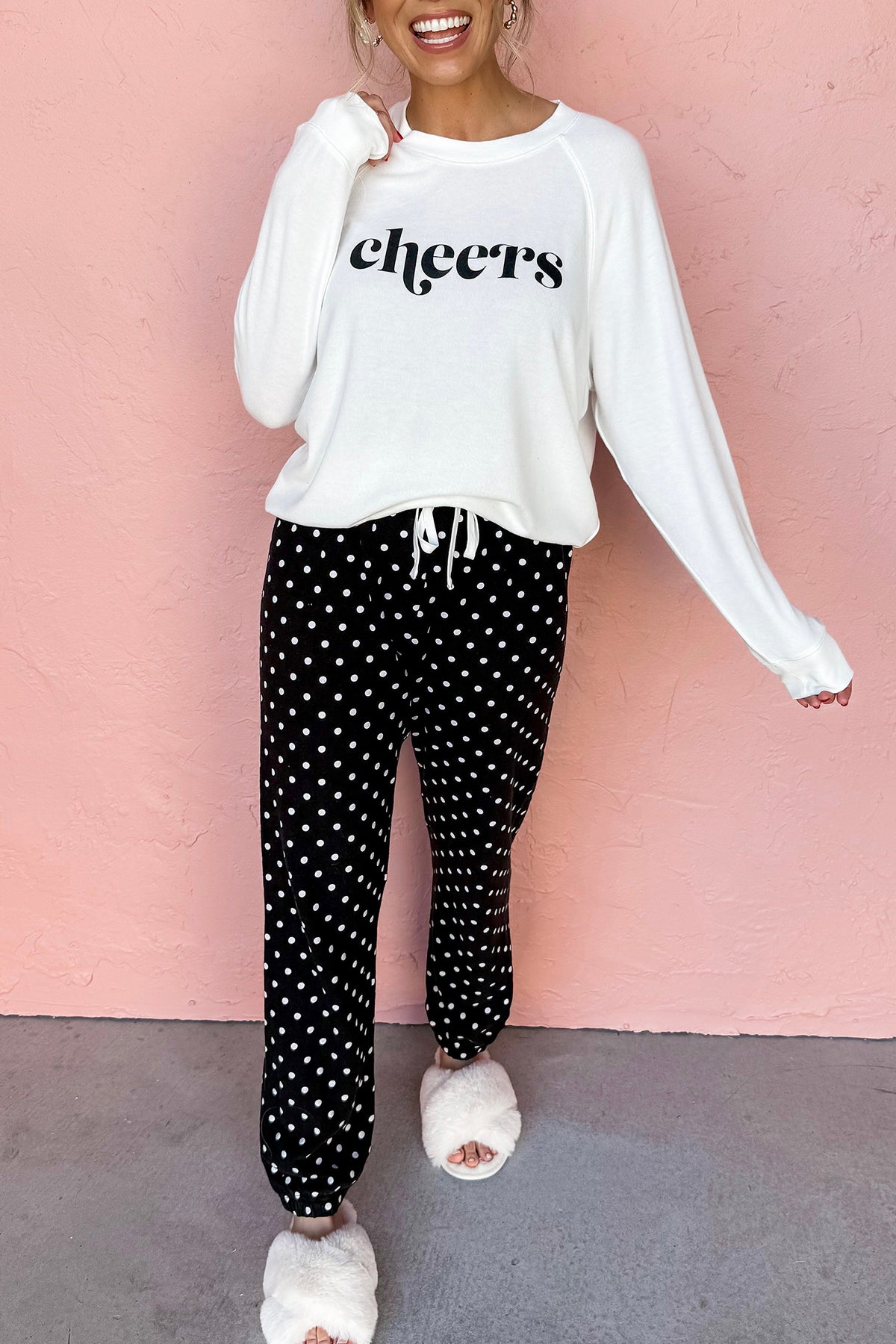 Black Cheers Graphic Raglan Pullover and Polka Dot Pants Lounge Set