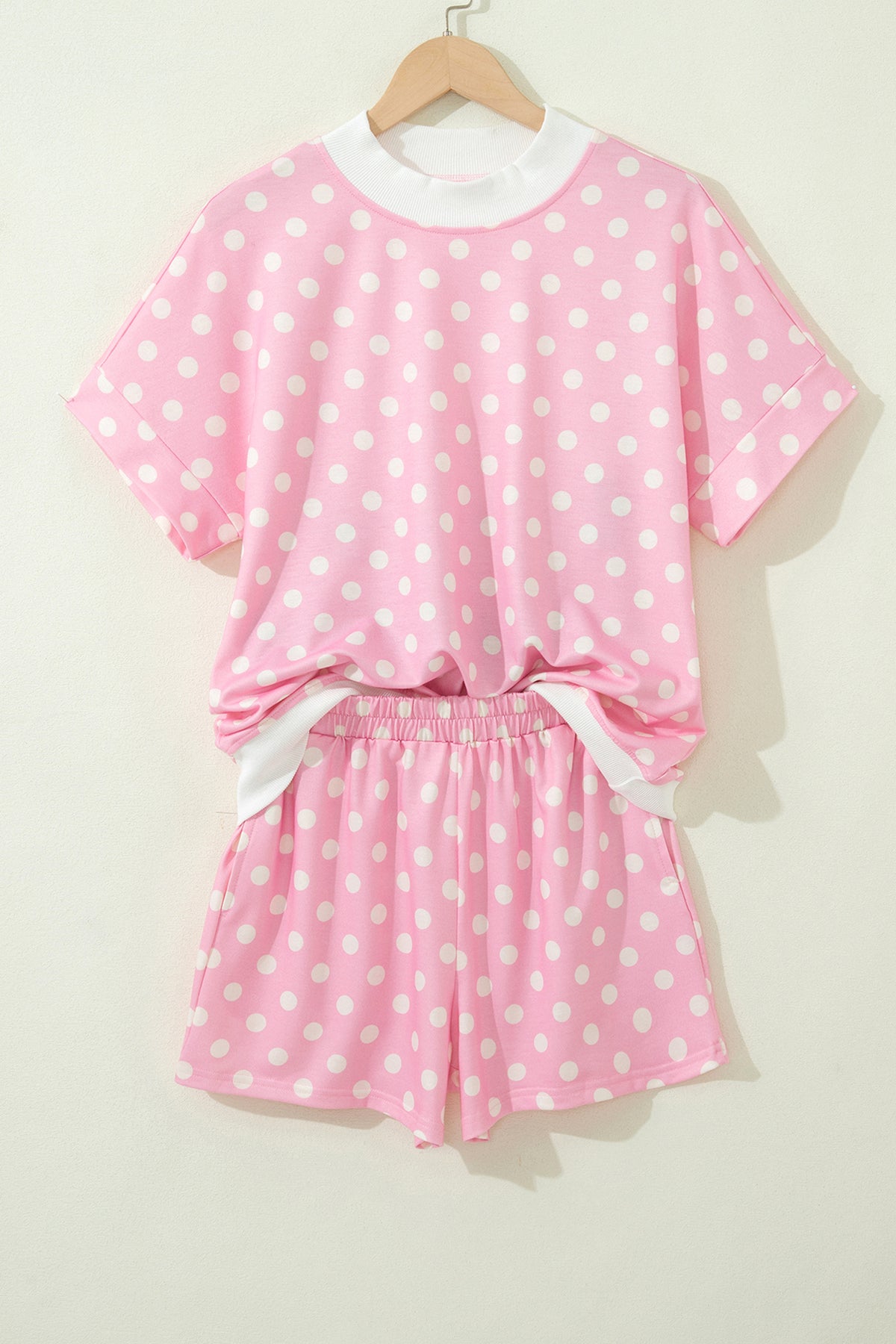 Women's Pink Polka Dot Print Color Block Trim Mock Neck Shorts Two-Piece Set