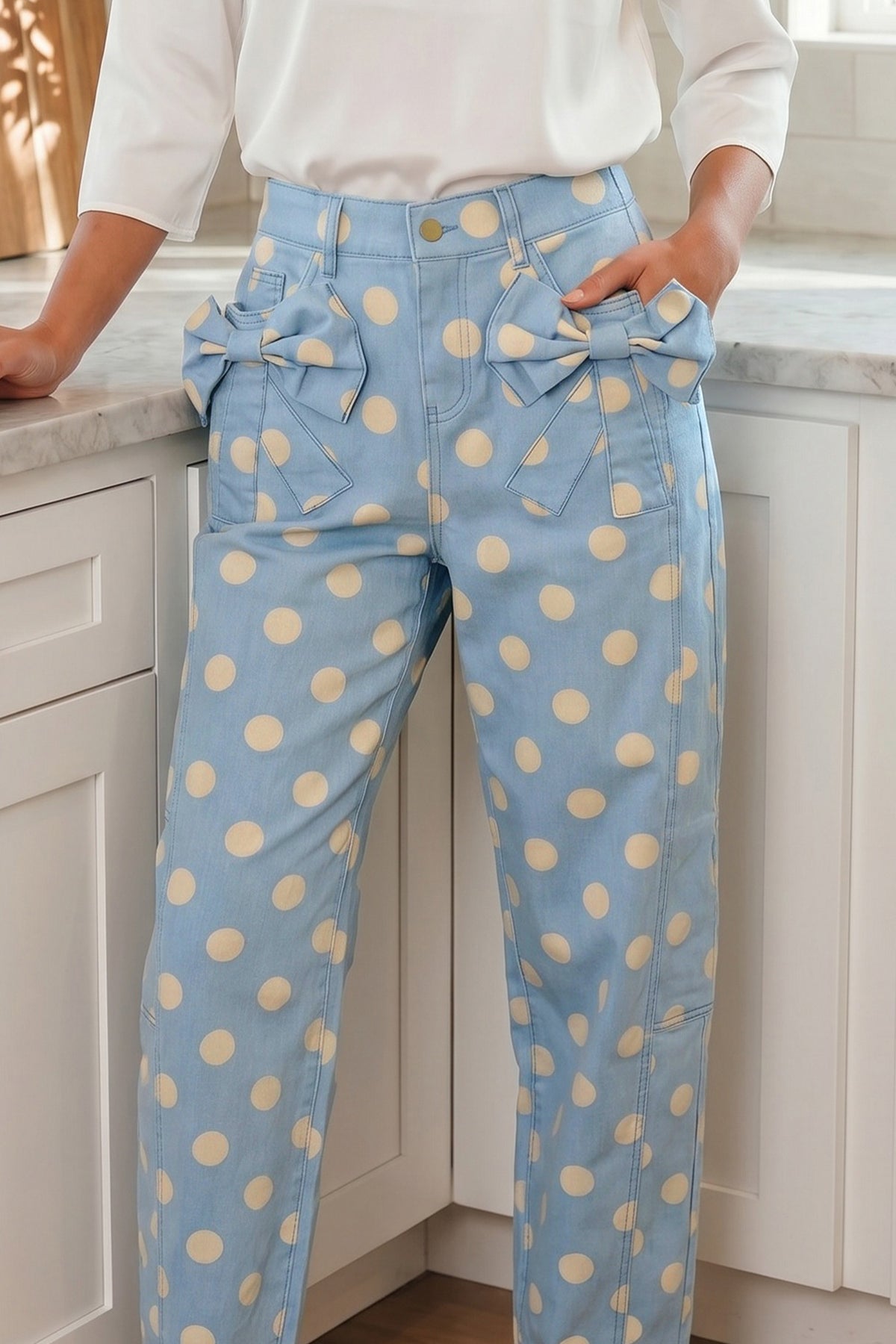 Sky Blue Polka Dot Print Bow Pocketed Barrel Jeans