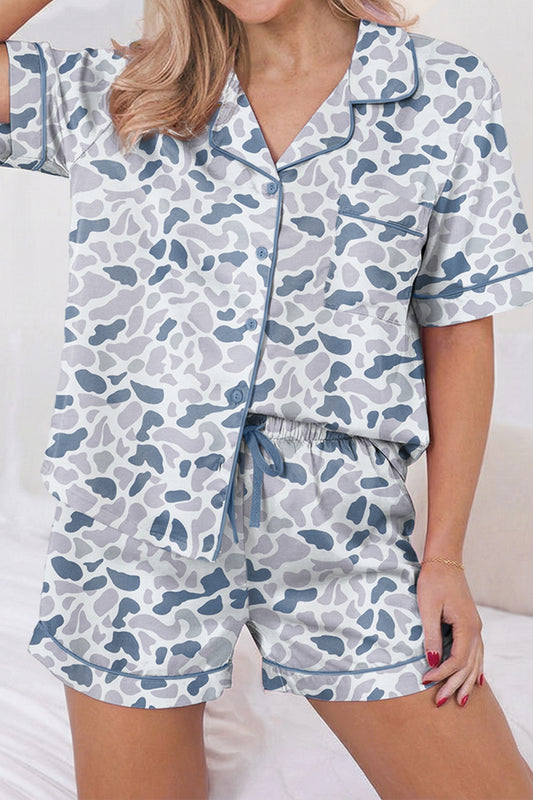 Beige Camouflage Print Lapel Shirt Drawstring Short Pajama Set