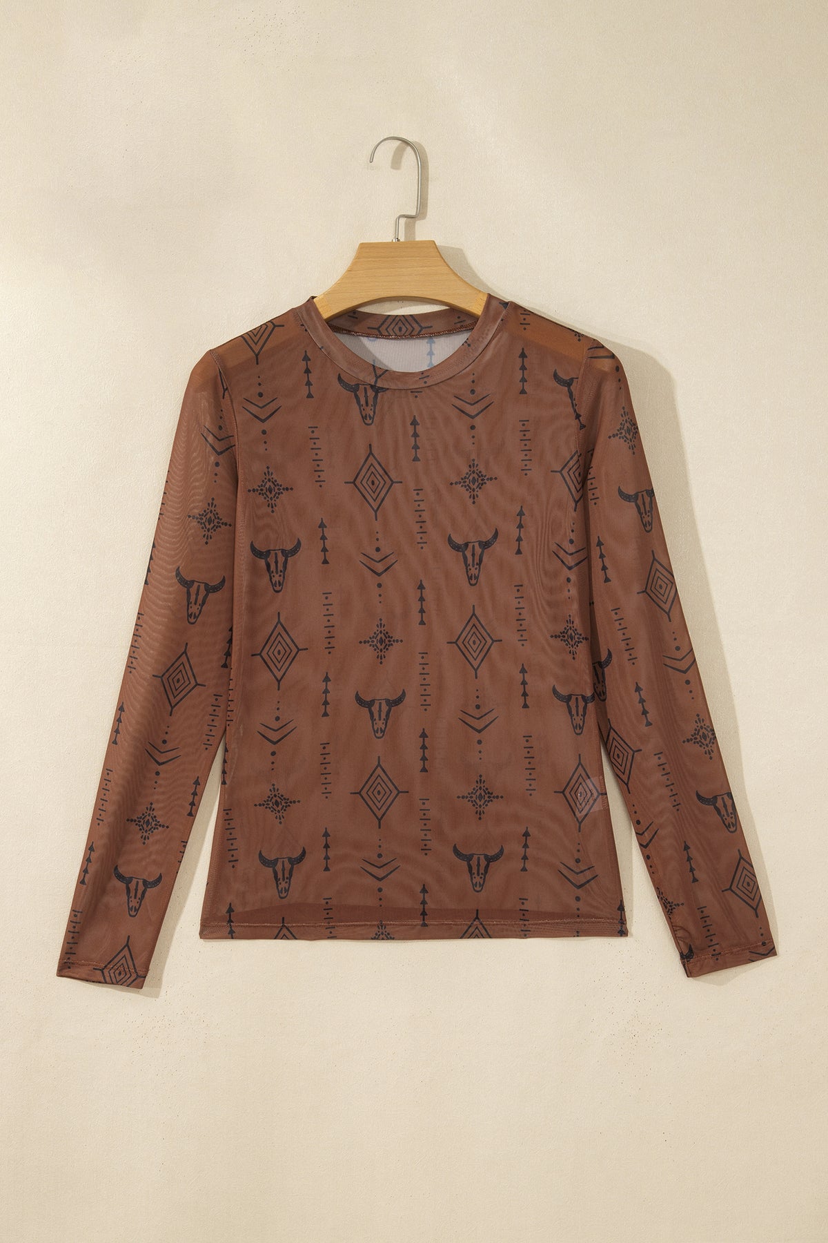 Chestnut Retro Western Print Mesh Sheath Top