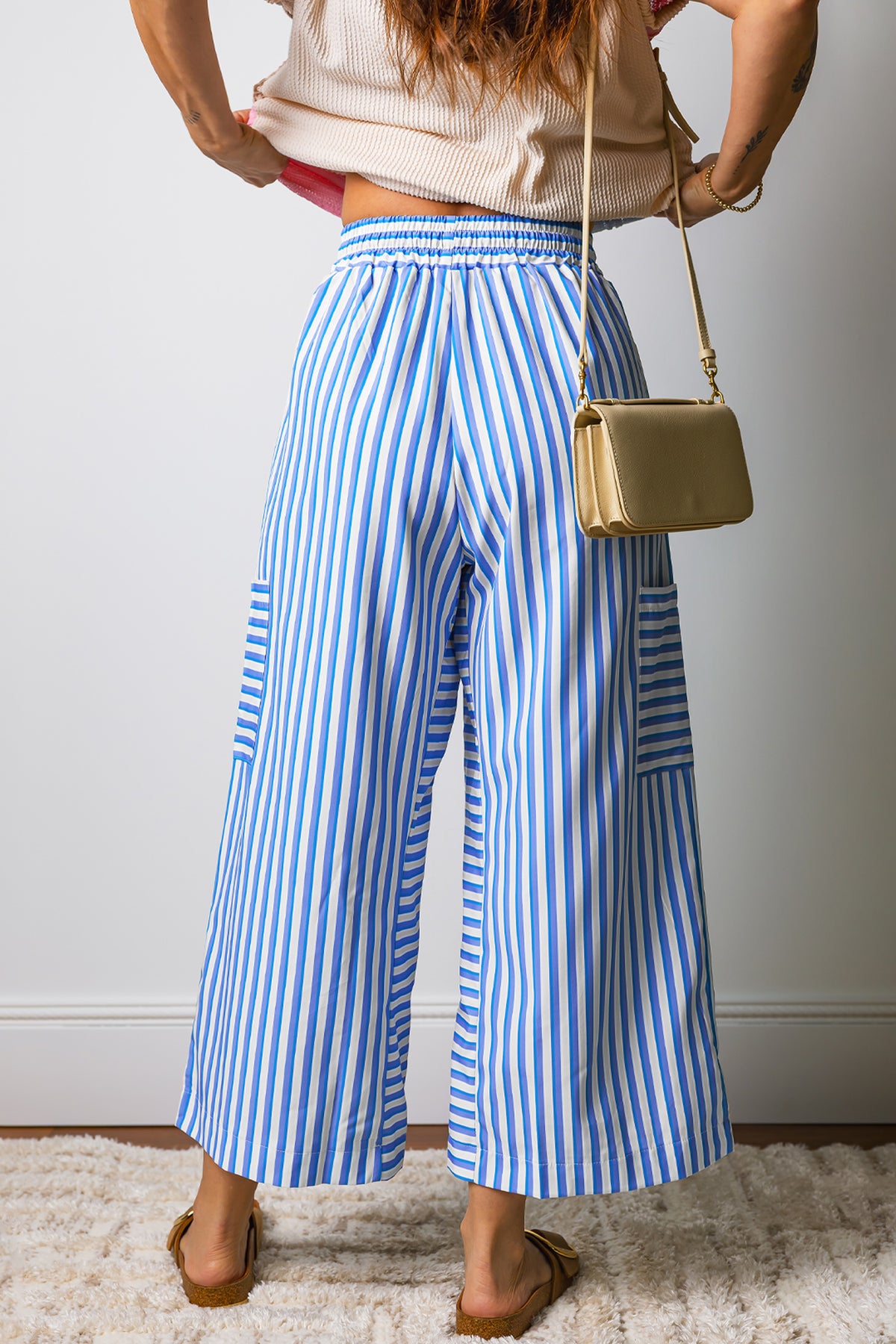 Sky Blue Stripe Drawstring Elastic Waist Patch Pocket Wide Leg Pants
