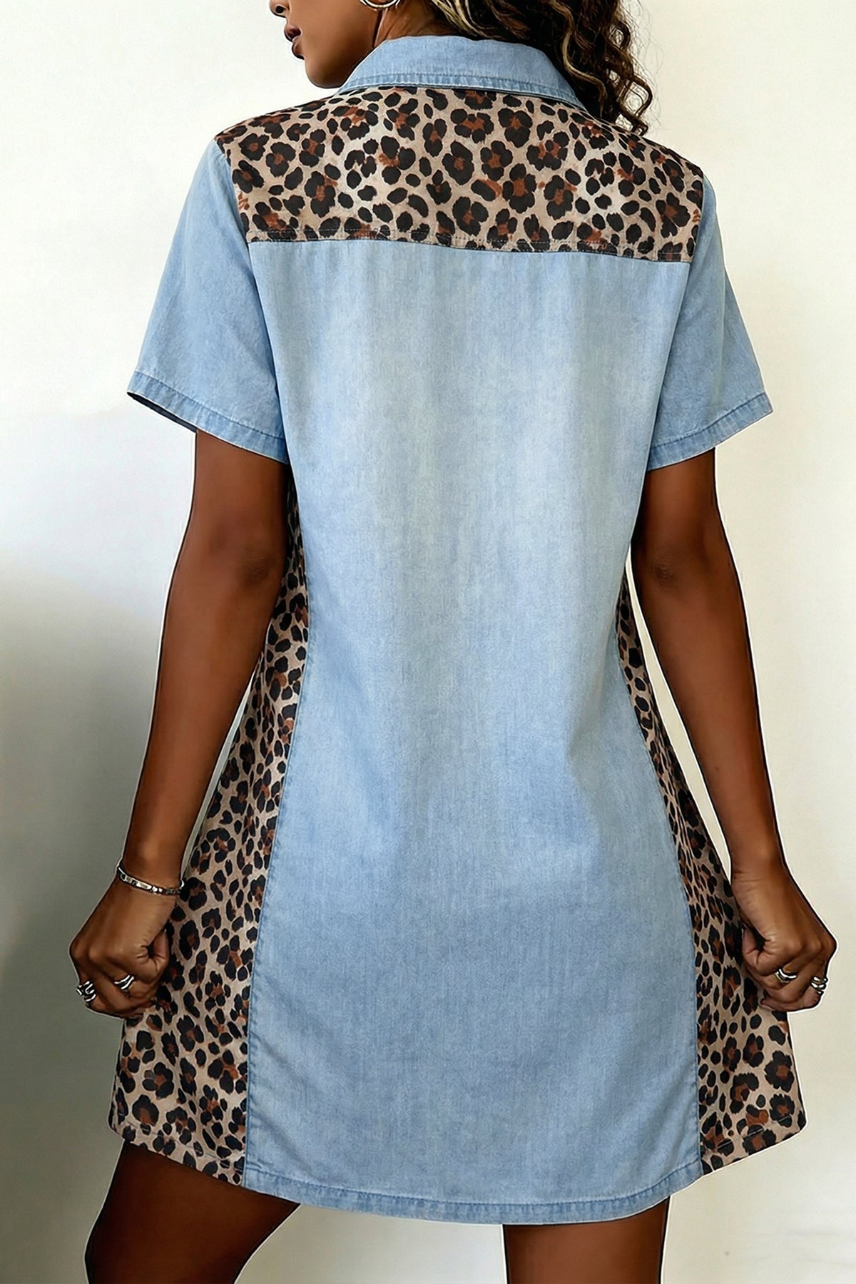 Myosotis Denim Color Block Leopard Patchwork T Shirt Mini Dress