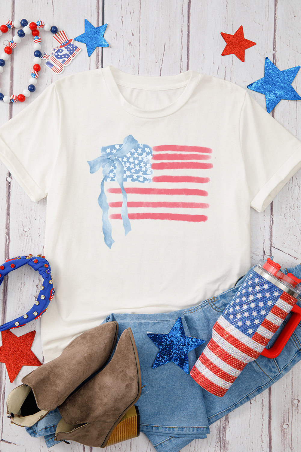 White American Flag Bow Knot Print Crew Neck T-Shirt
