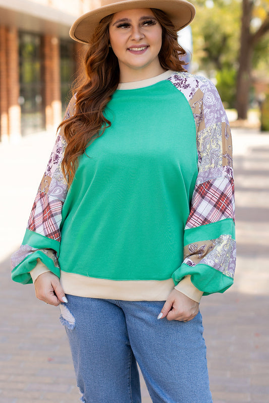 Sky Blue Plus Size Plaid Floral Raglan Sleeve Sweatshirt