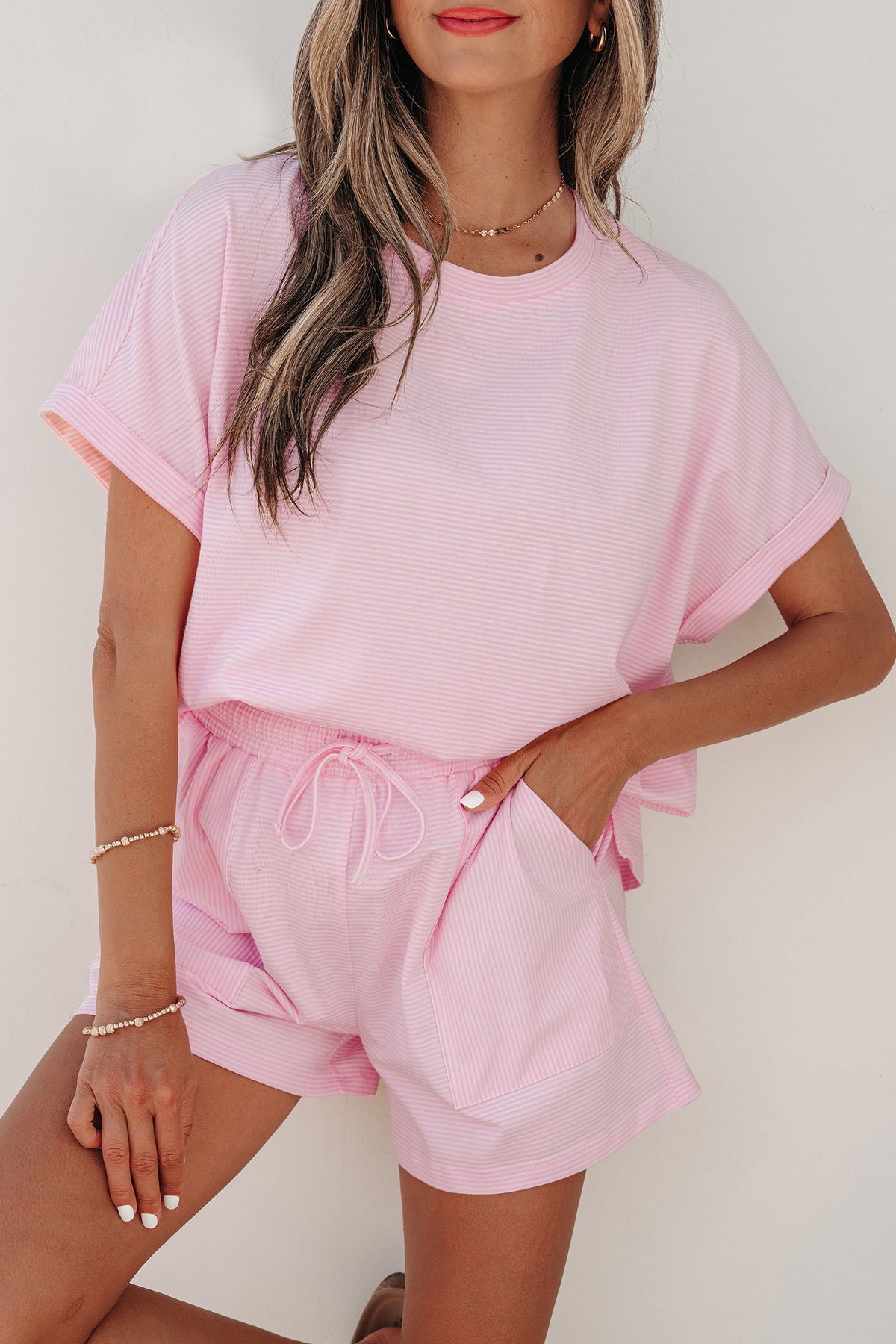 Women's Pink Stripe Matching Oversized Tee and Shorts Set