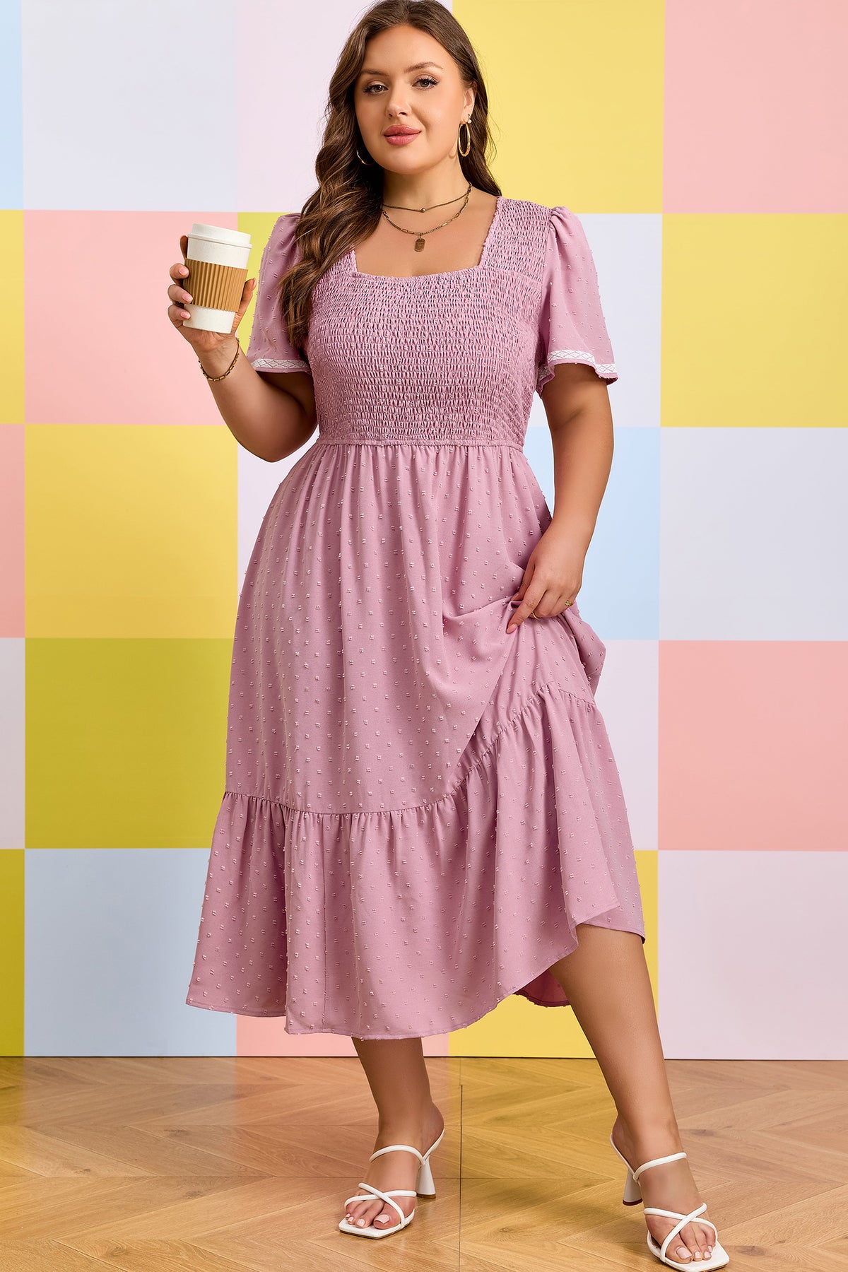 Pink Plus Size Swiss Dot Short-Sleeve Smocked High Waist Flowy Midi Dress
