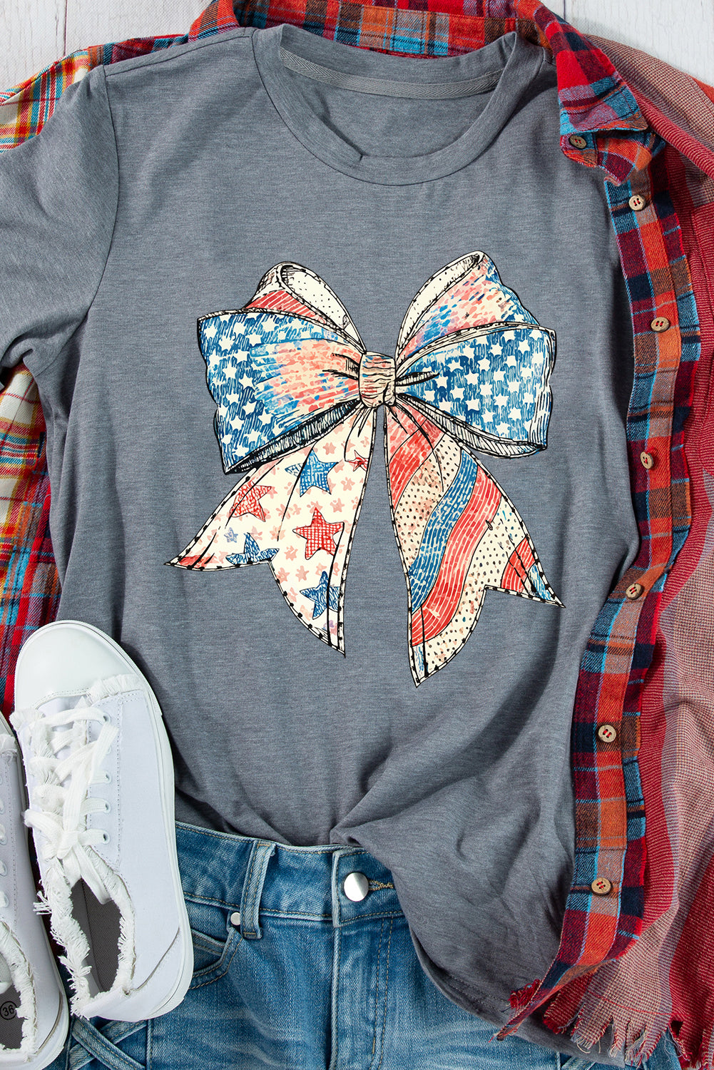 Gray US Flag Bow Print Round Neck Loose T-Shirt