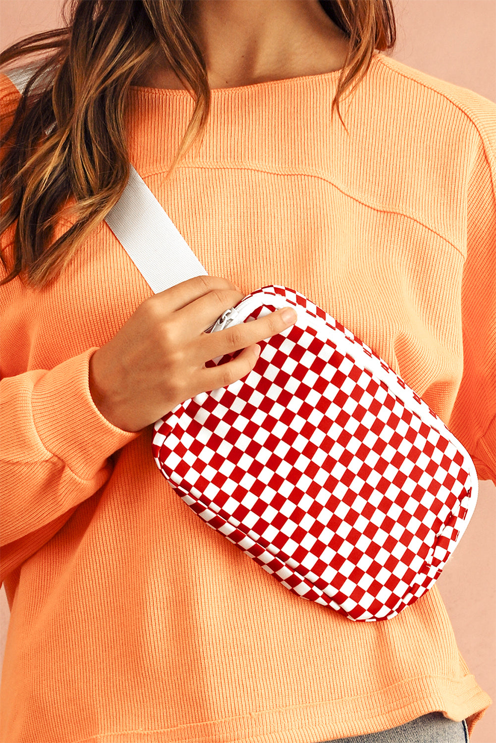 Fiery Red Checkered Print Zipped Buckle Strap Crossbody Bag