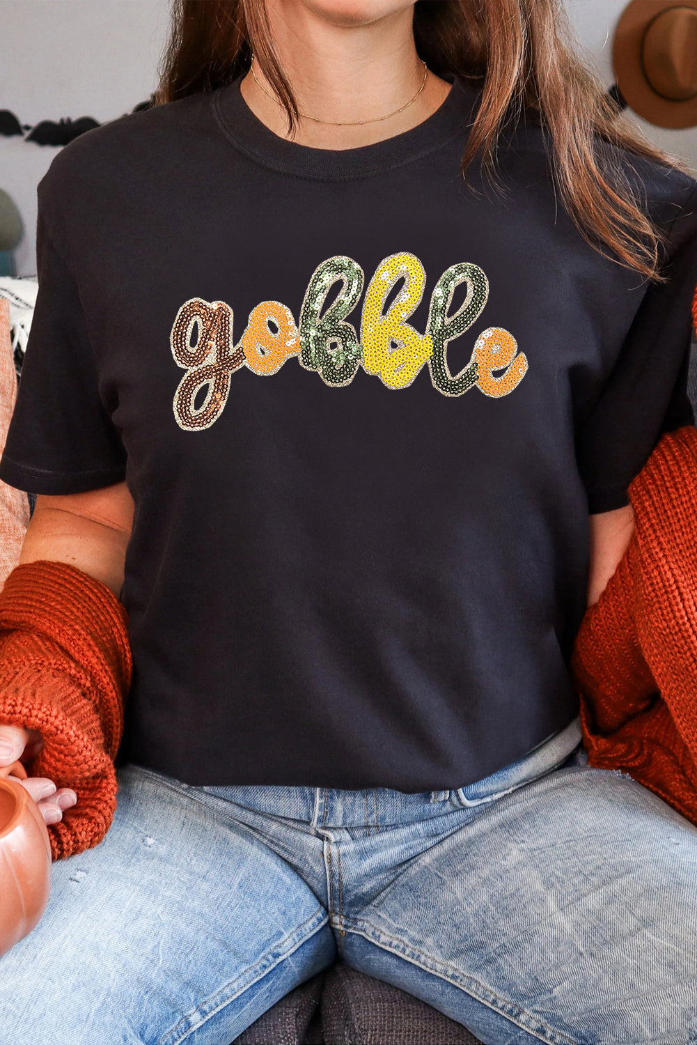 Black gobble Sequin Letter Graphic Thanksgiving T-Shirt