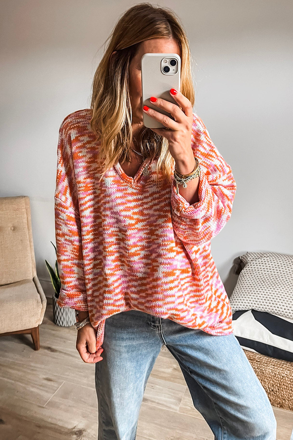 Orange Vibrant Abstract Print Drop Shoulder V Neck Tunic Oversized Sweater