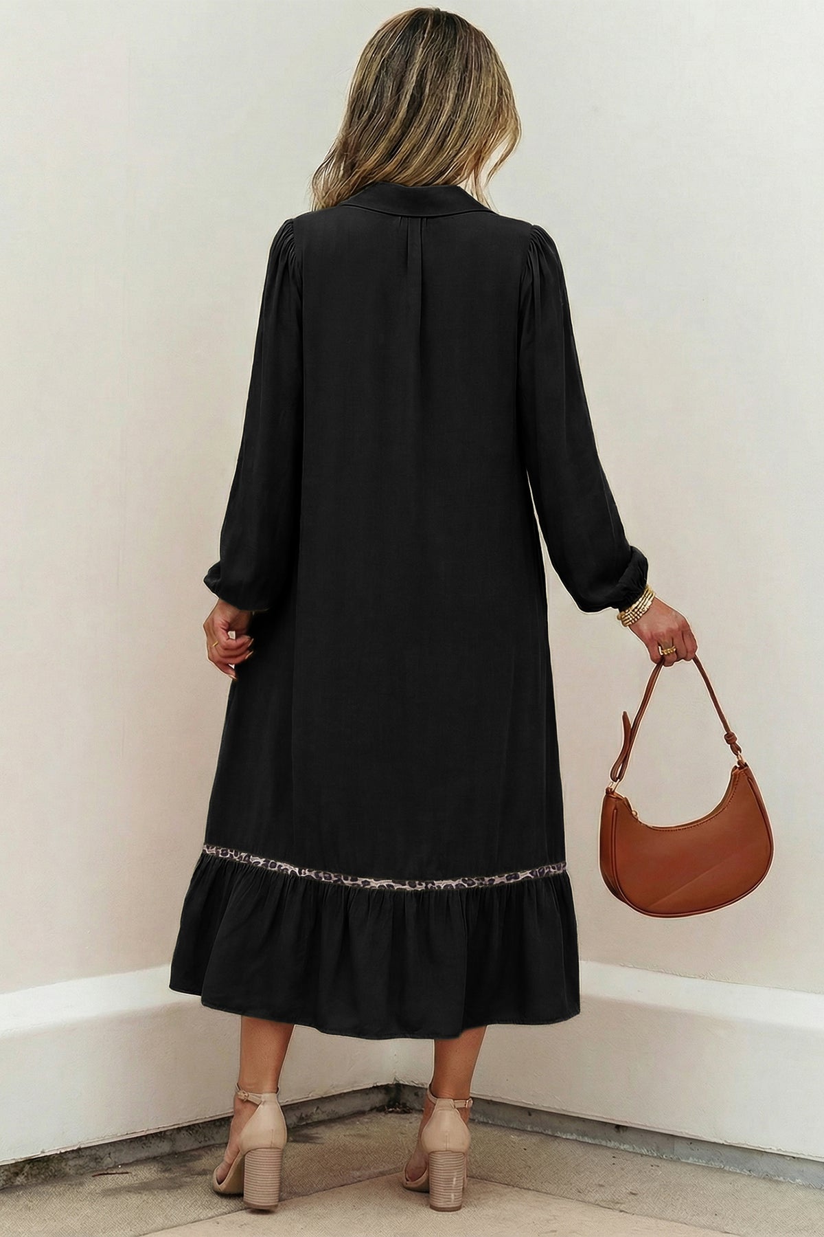 Black V Neck Smocked Contrast Leopard Trim Bracelet Sleeve Long Dress