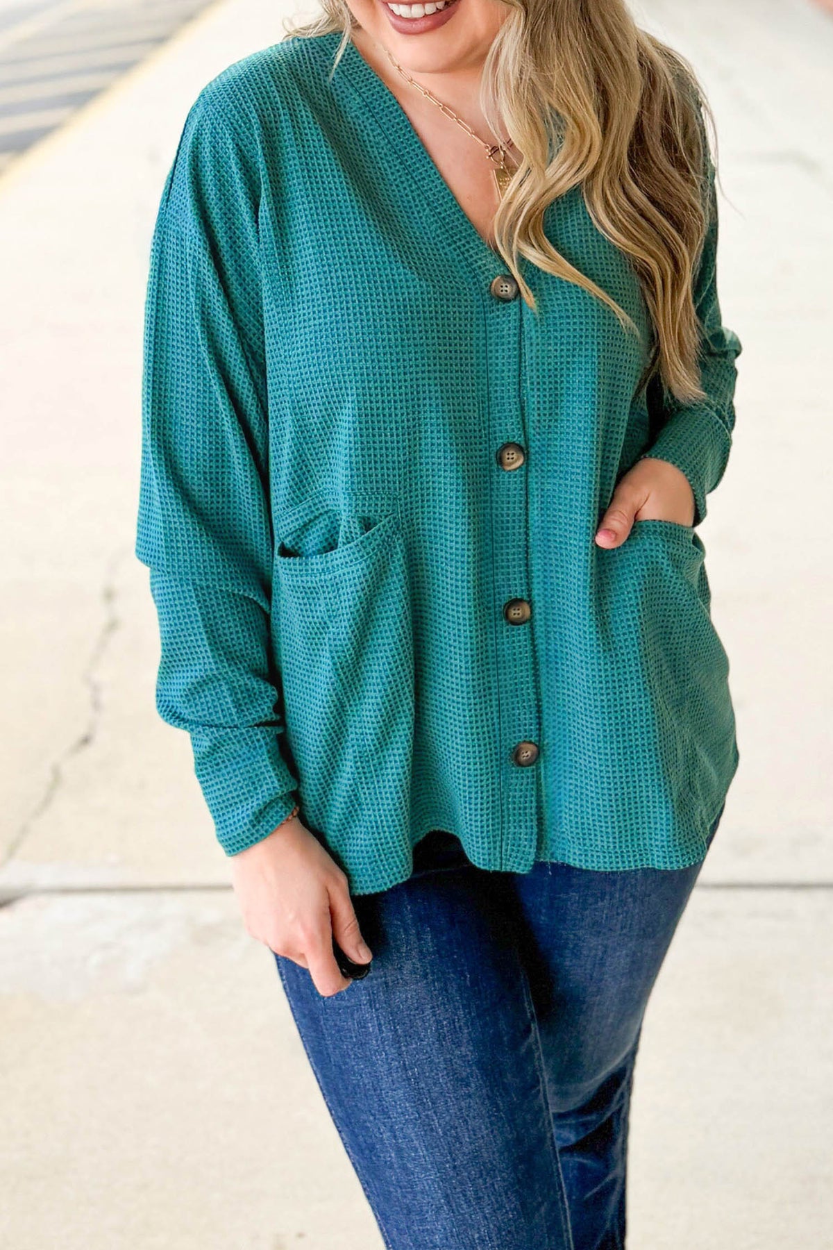 Lapis V-Neck Waffle Textured Button Front Tunic Long-Sleeve Plus Size Cardigan