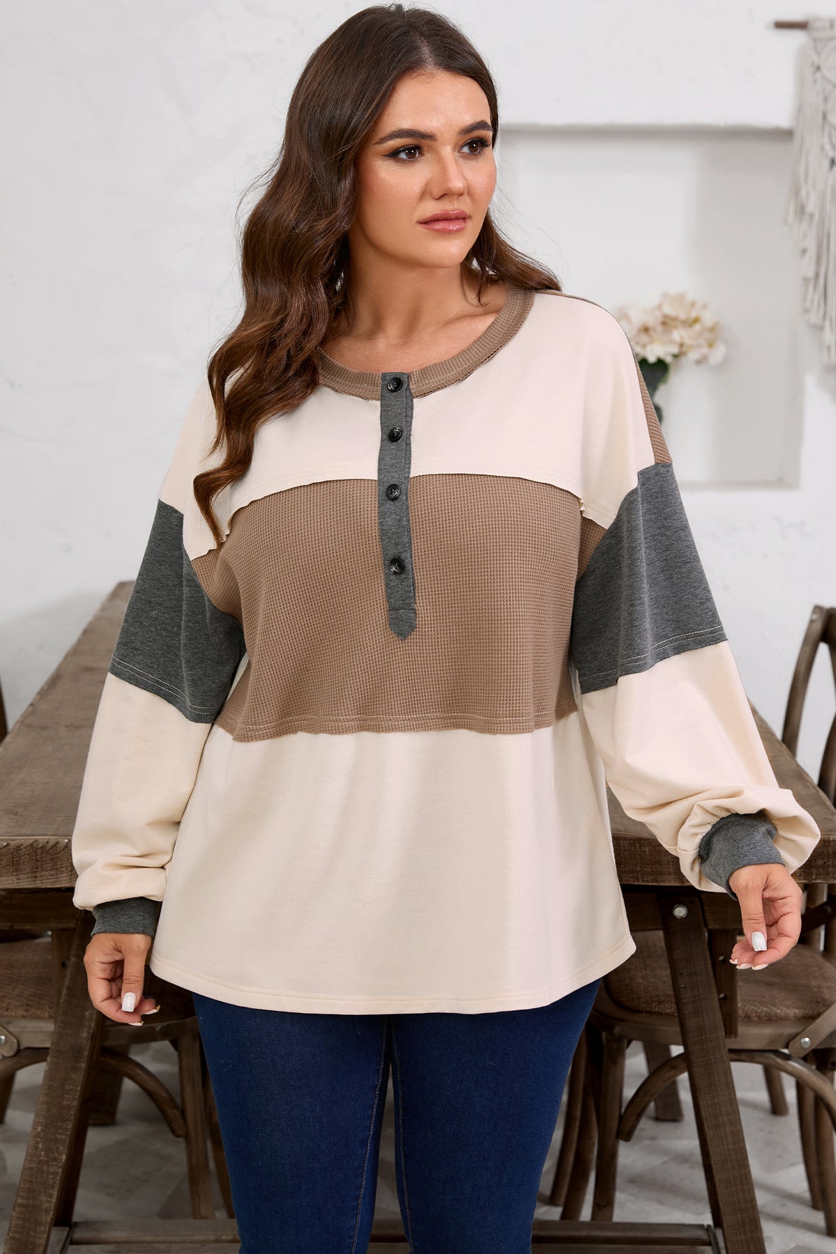 Jet Stream Waffle Patchwork Color-Block Half Buttons Casual Plus Size Knit Jumper