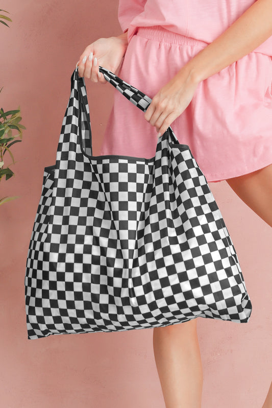 Black Checkered Print Large Capacity Canvas Shoulder Bag