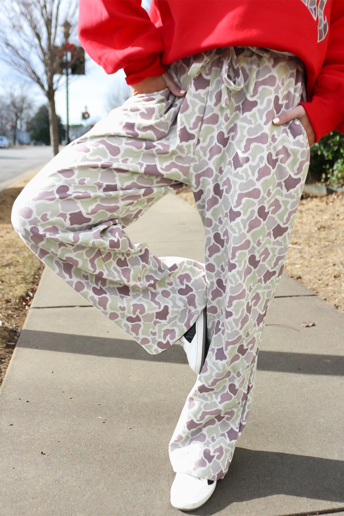 Green Camo Print Drawstring Waist Loose Fit Full-Length Pants