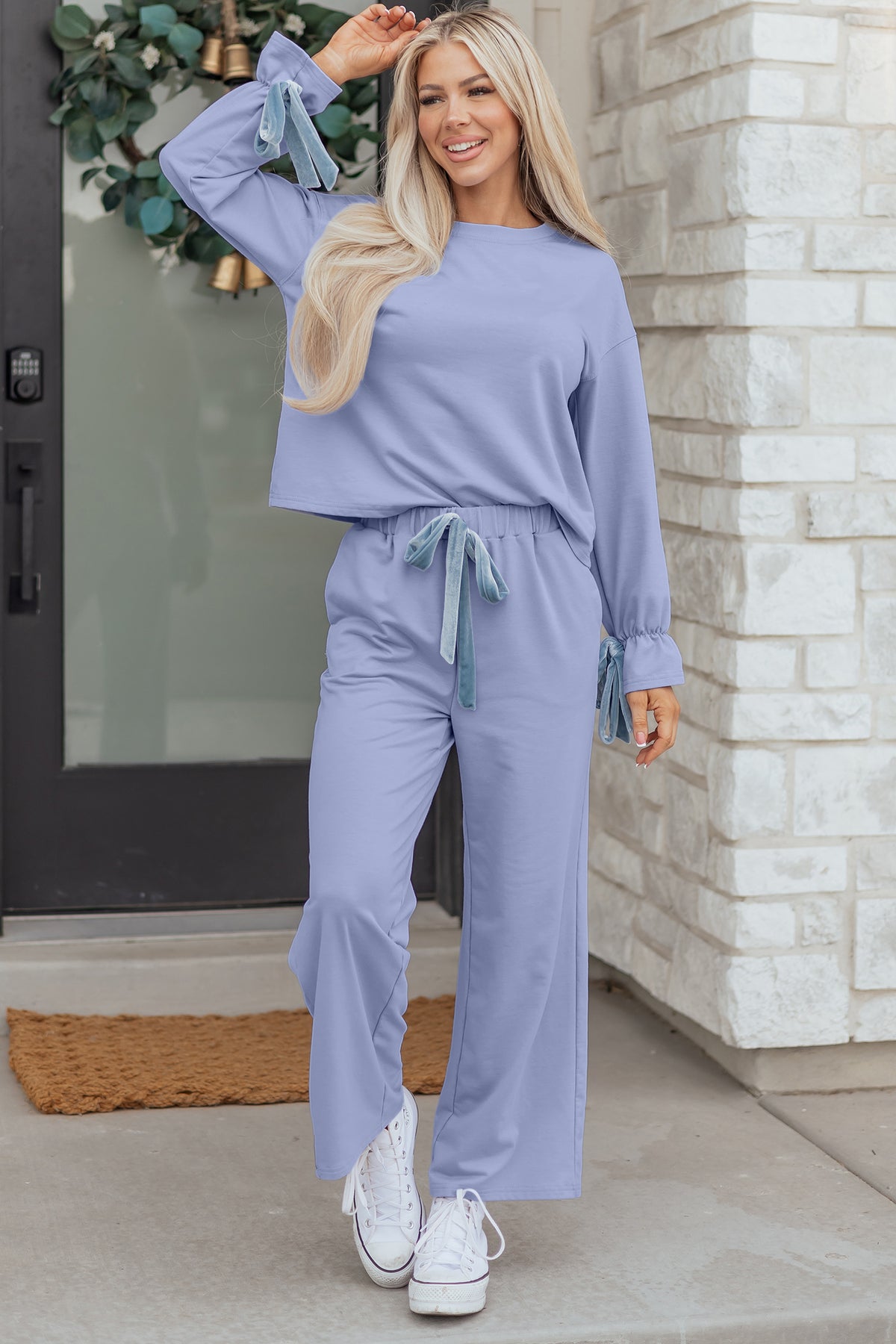 Beau Blue Flounce Long Sleeve Top Drawstring Pants Contrast Velvet Bow Lounge Set