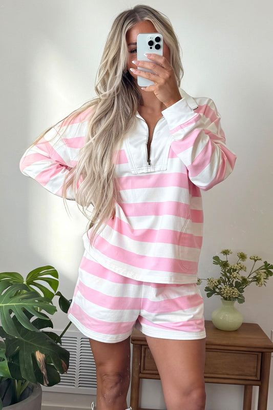 Women's Pink Stripe Patchwork Zipper Pullover Elastic Waist Shorts Two-Piece Set