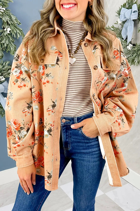 Khaki Floral Print Long Sleeve Denim Jacket Tunic Length Daily Wear