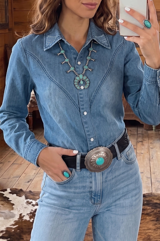 Myosotis Embroidered Western Collar Shirt