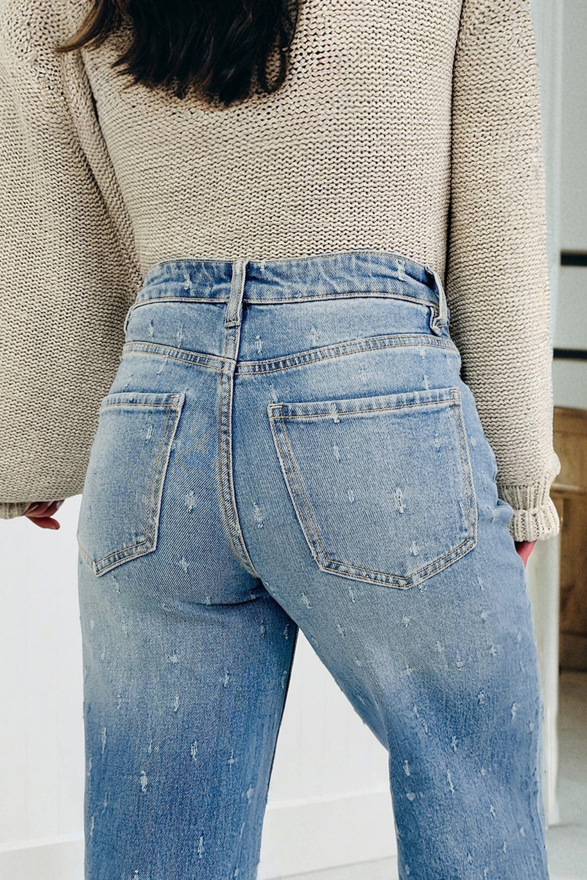 Mist Blue Distressed Tummy Control Raw Hem Jeans