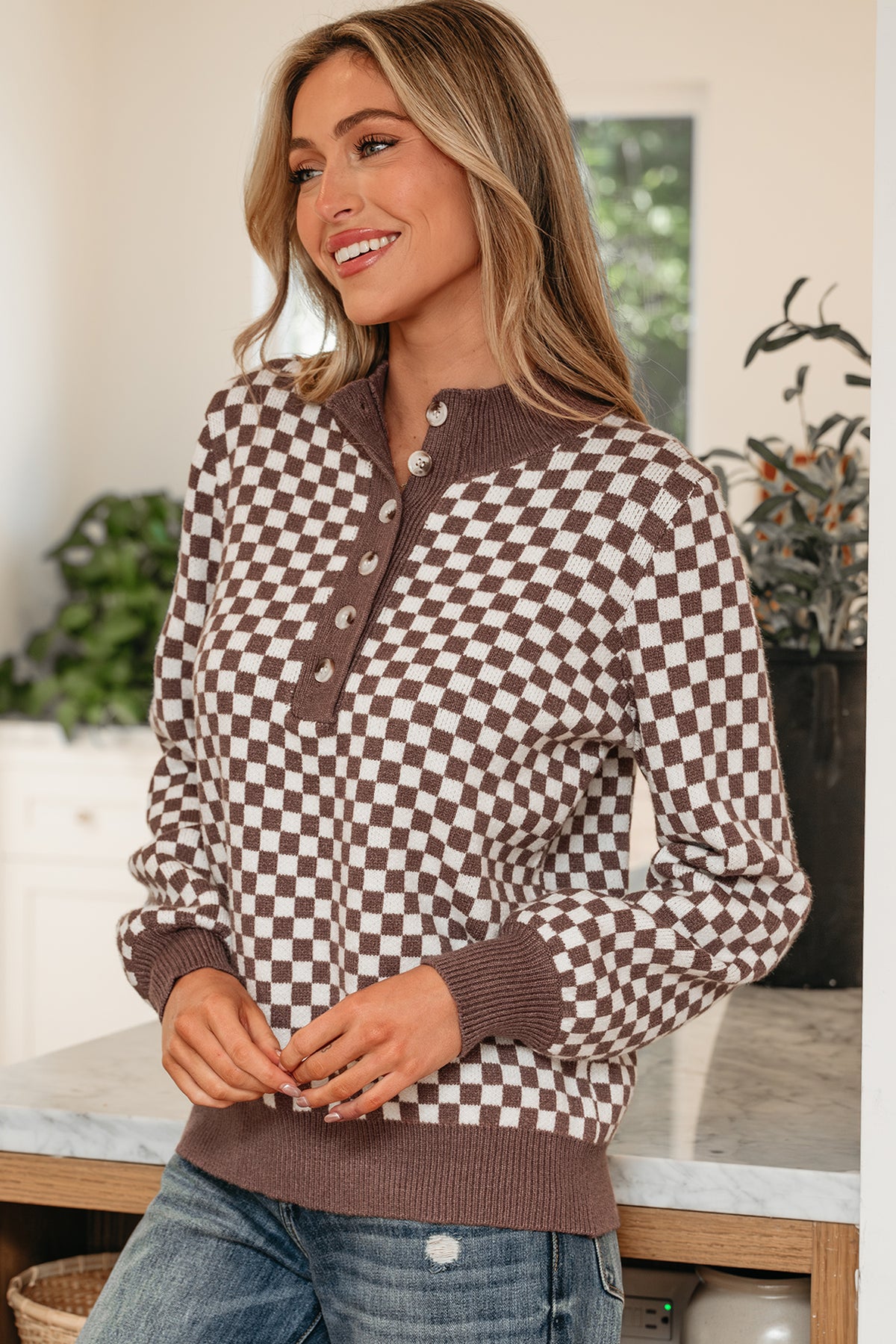 Dark Brown Half Button Ribbed Trim Checkerboard Knit Sweater