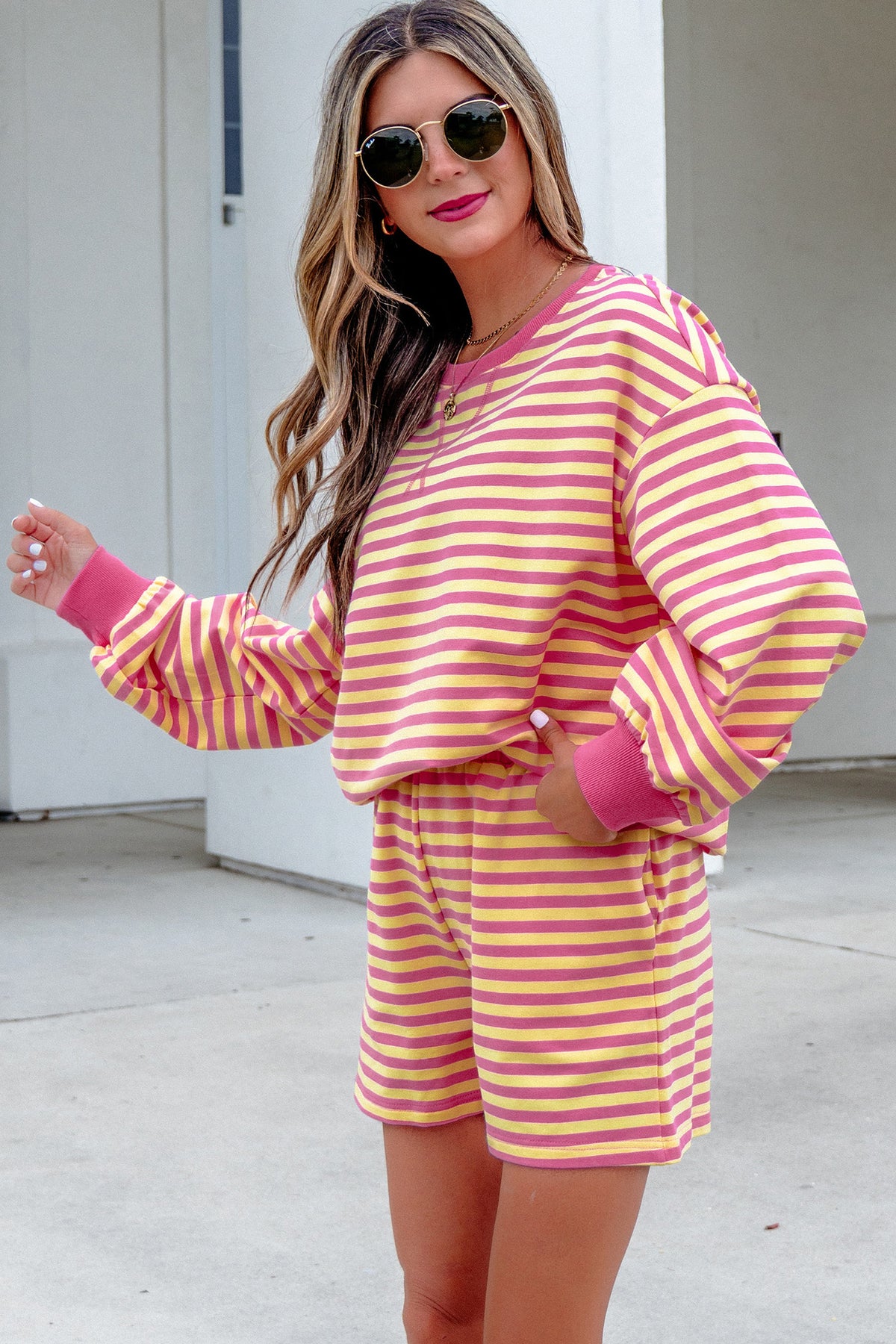 Women's Yellow Stripe Color Block Trim Round Neck Long-Sleeve Top Casual Shorts Two-Piece Set