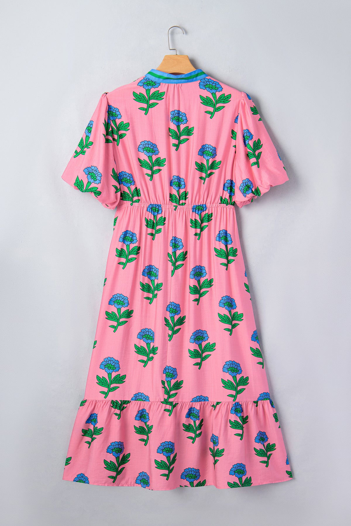 Pink Plus Size Striped V-Neck Ruffled Floral Long Dress
