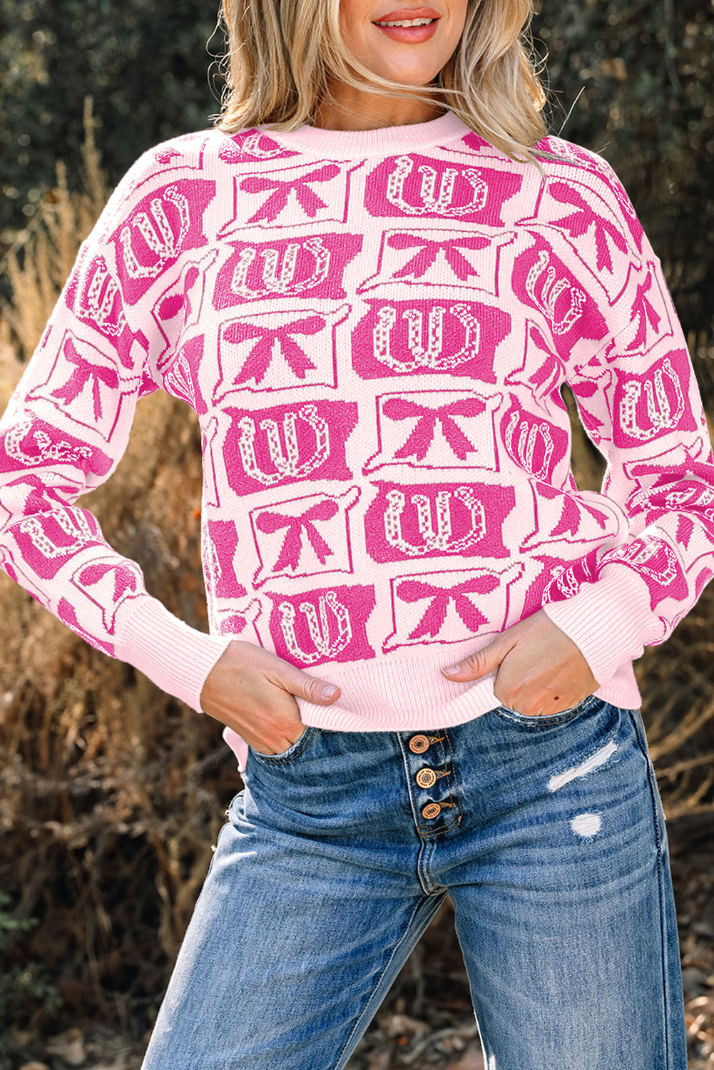 Black Bows & Horseshoes Pattern Western Print Sweater