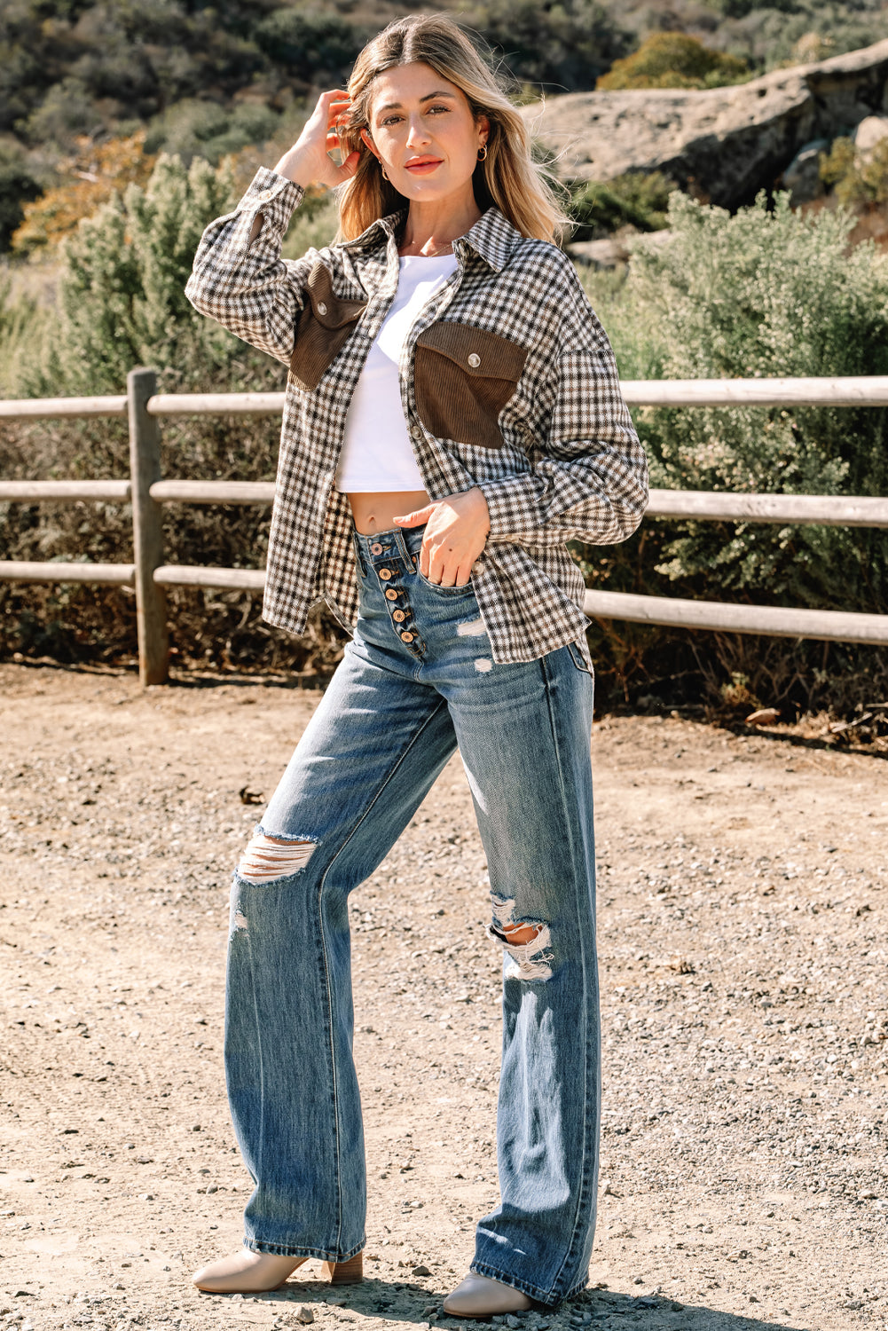 Casual Contrast Corduroy Flap Pocket Patchwork Plaid Shacket
