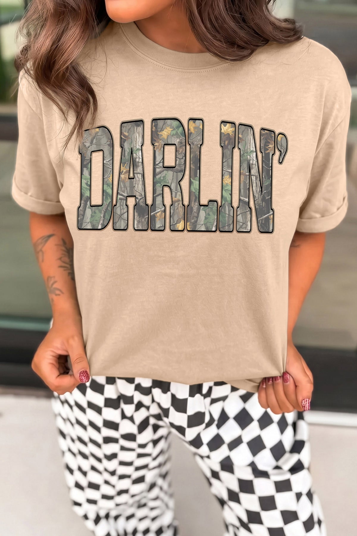 Khaki DARLIN Camo Letter Print Crewneck T-Shirt