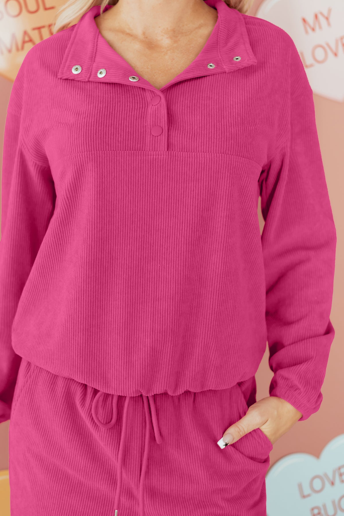 Women's Peach Blossom Half Button Pullover Pants Corduroy Two-Piece Outfit Set