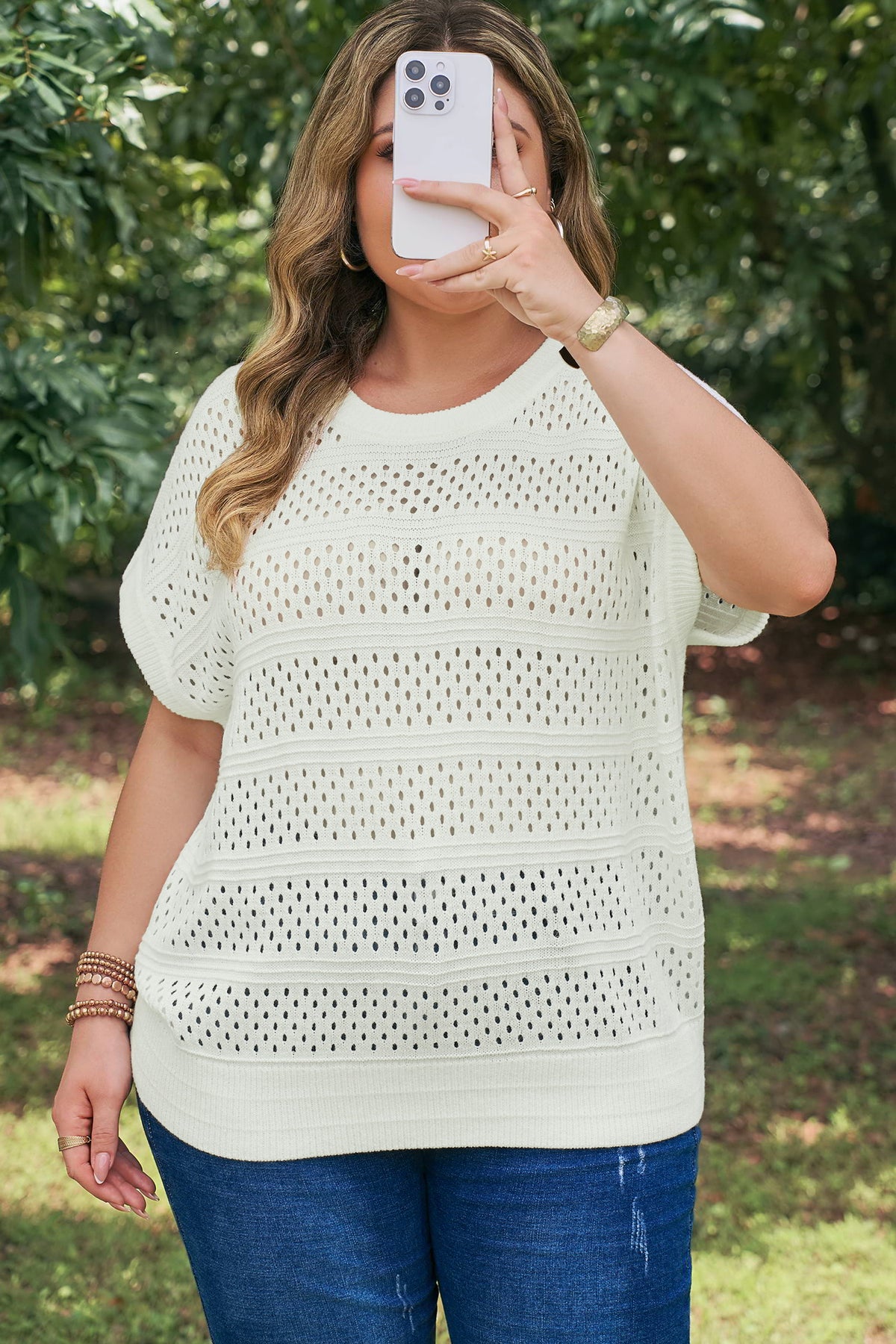 White Plus Size Eyelet Hollow Out Knit Ribbed Trim Short-Sleeve Dolman Sweater