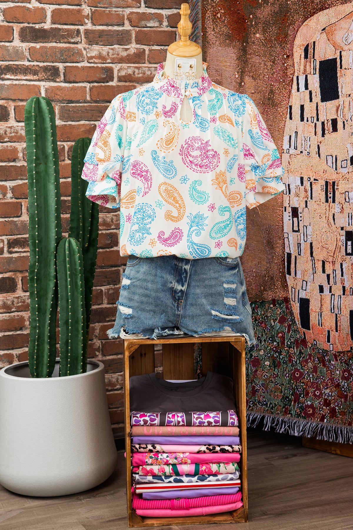 Multicolour Vibrant Paisley Button Keyhole Puff Sleeve Blouse