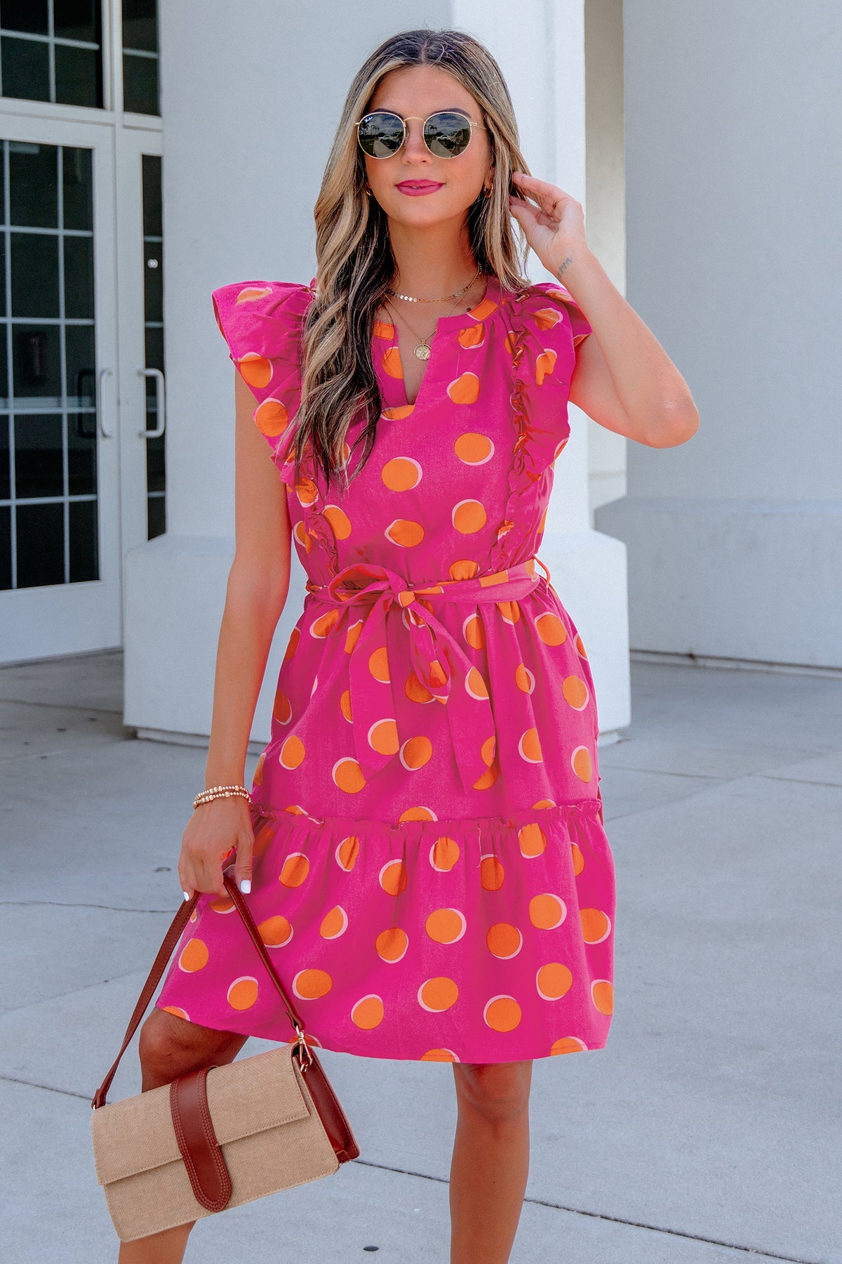 Rose Polka Dot Ruffle V-Neck Mini Dress