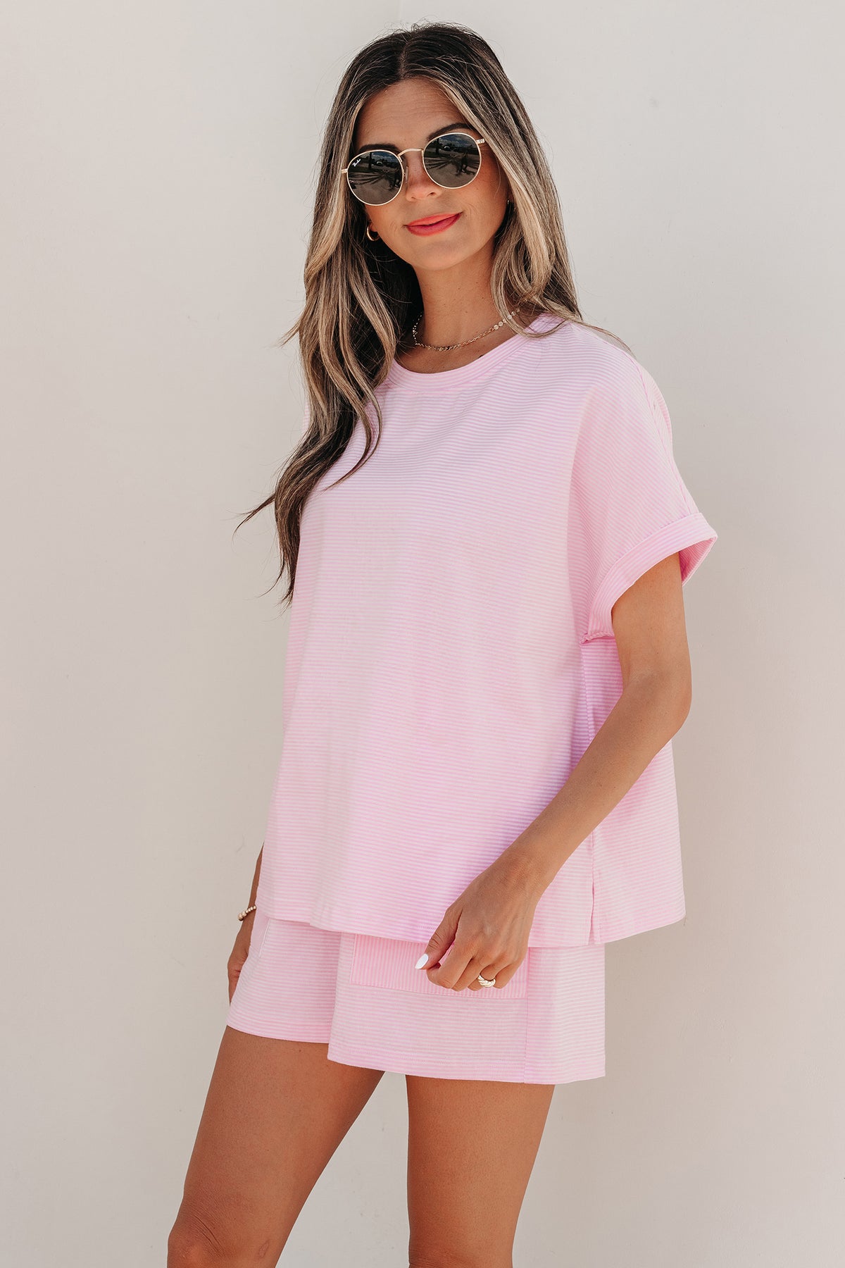 Women's Pink Stripe Matching Oversized Tee and Shorts Set