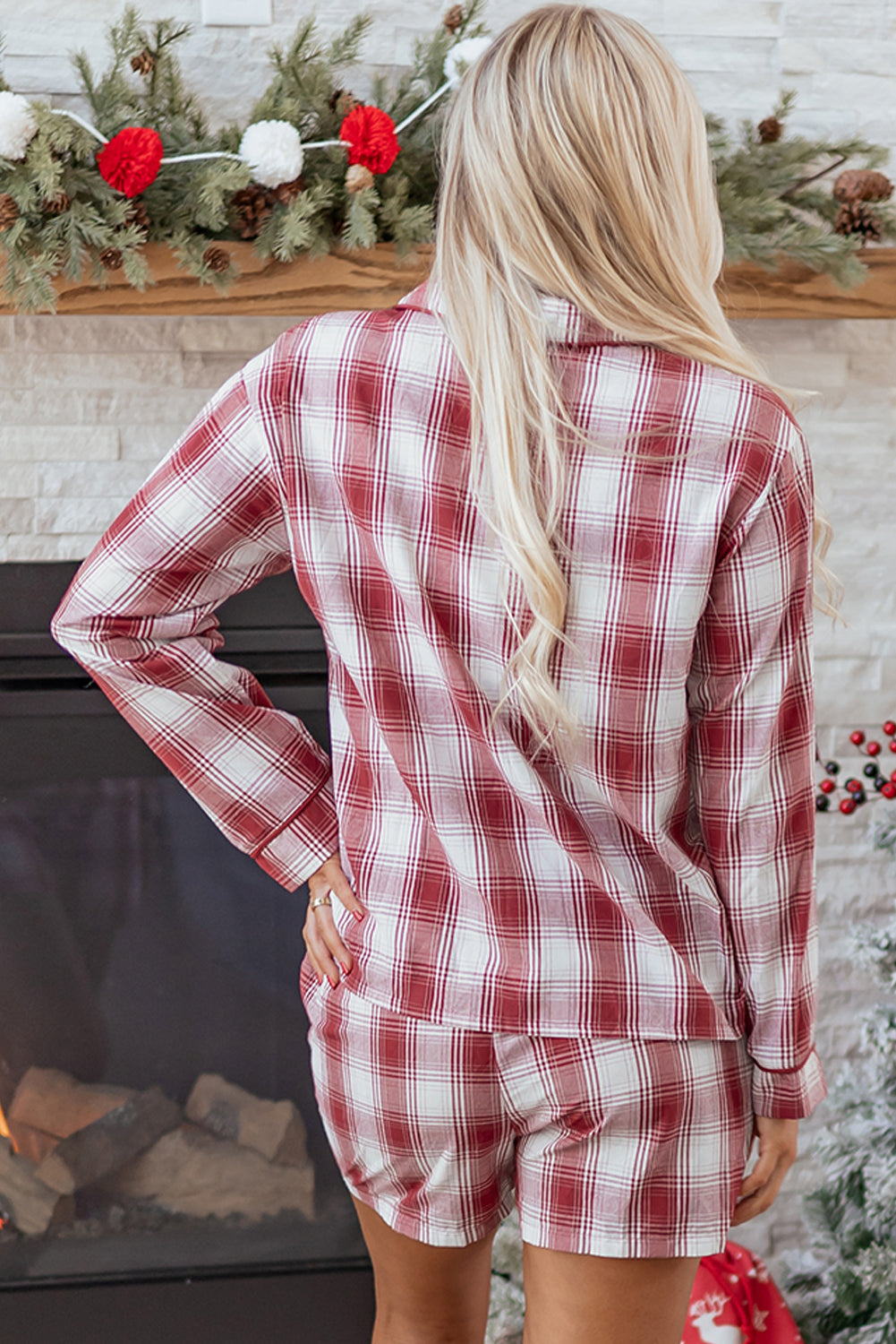 Red Retro Plaid Long Sleeve Shirt and Shorts Lounge Set