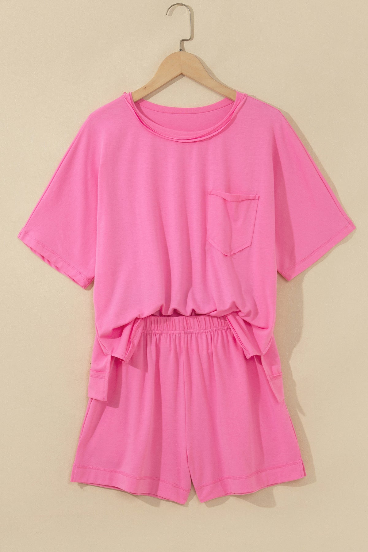 Women's Mint Green Raw Edge Patch Pocket Oversized Top & Shorts Set