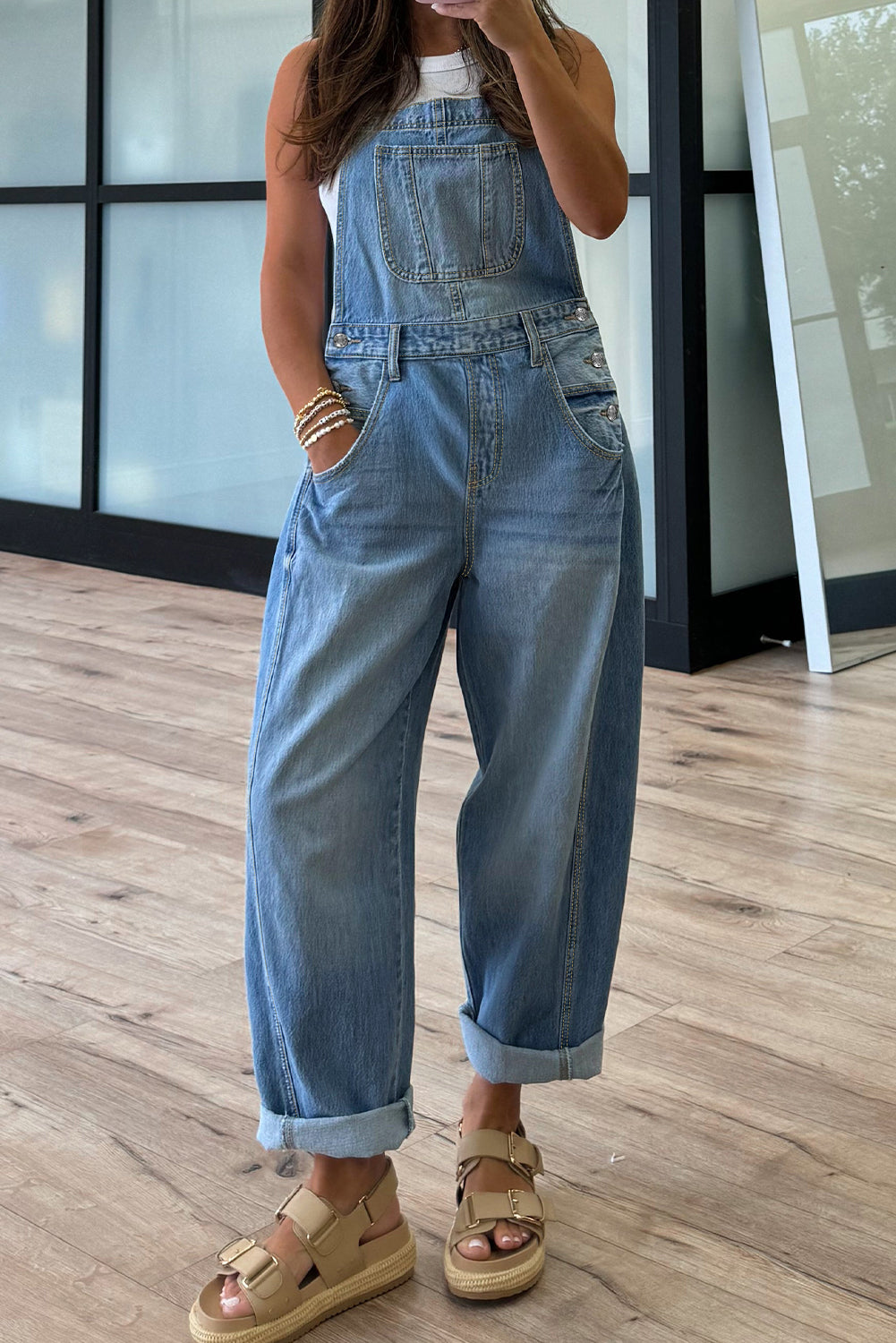 Dusk Blue Adjustable Buckle Barrel Denim Overalls