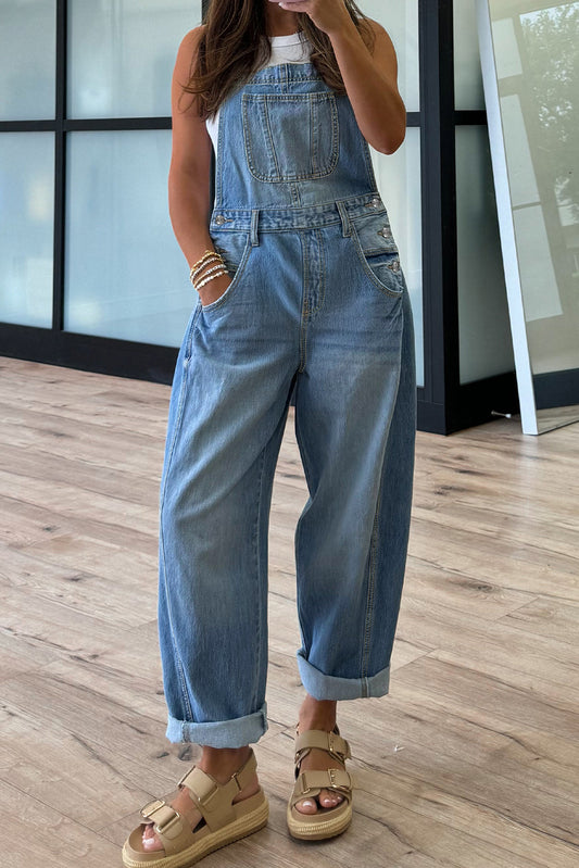 Dusk Blue Adjustable Buckle Barrel Denim Overalls
