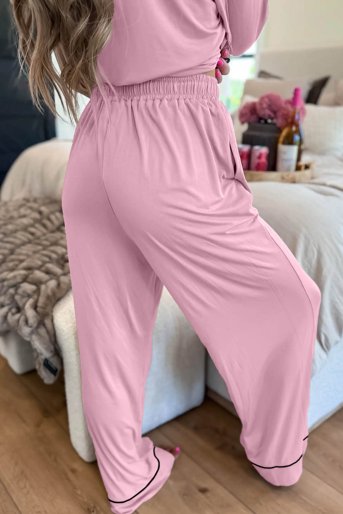 Delicacy Contrast Piping Lapel Button Down Pajama Set