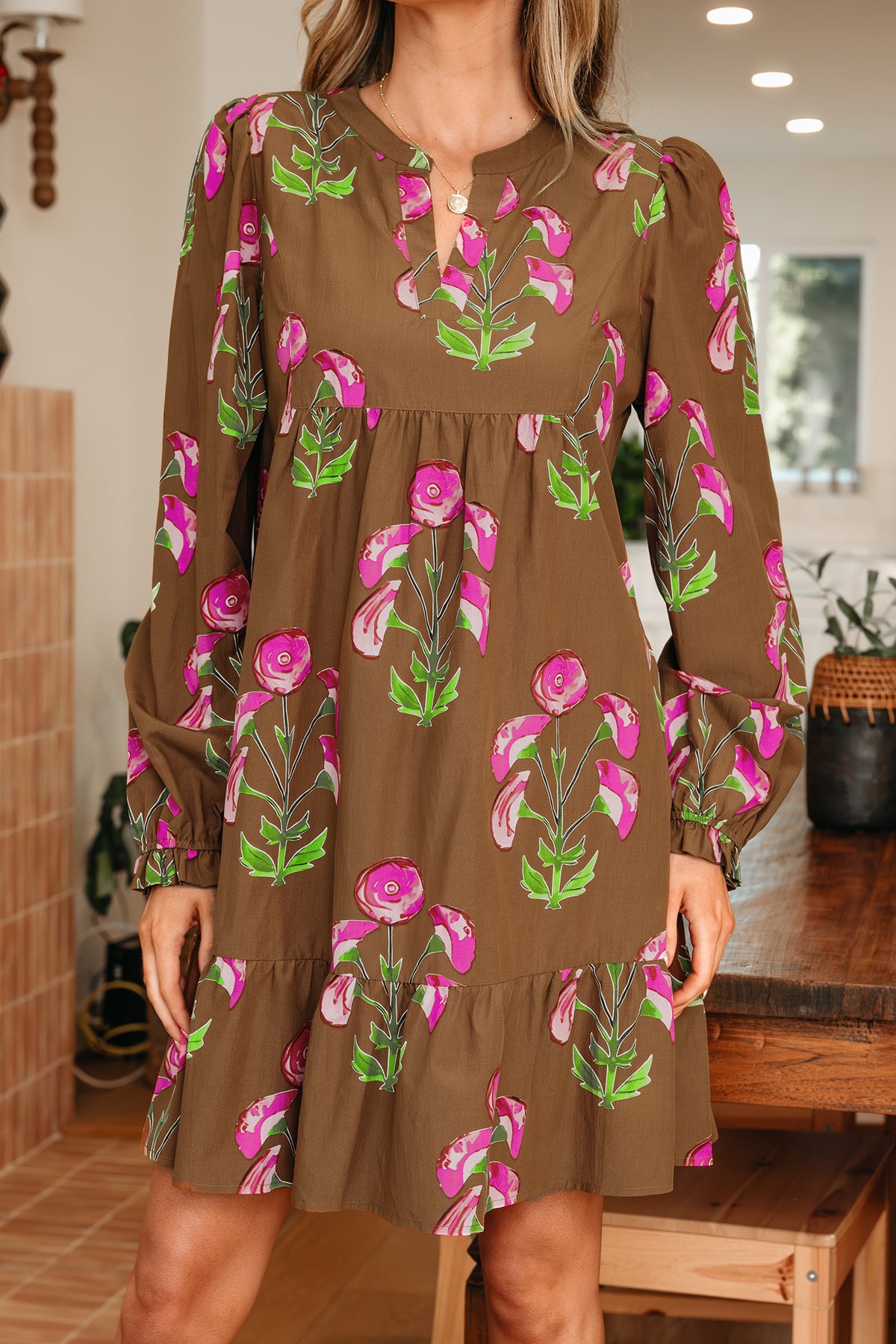 Brown Floral Print Babydoll Tunic Ruffled Hem Puff Sleeve Dress