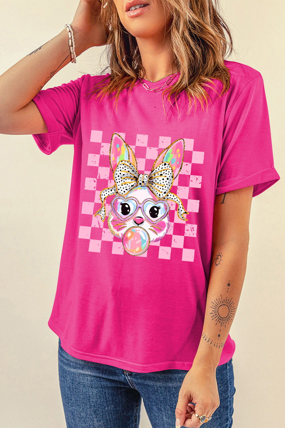 Rose Red Plaid Bubble Gum Rabbit Graphic Easter T-Shirt