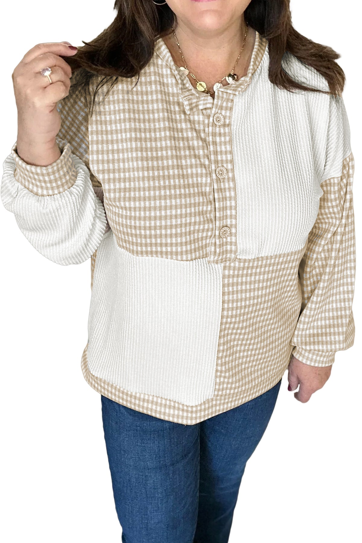 Khaki Patchwork Checkered Long-Sleeve Round-Neck Plus Size Blouse